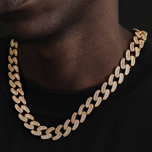 15mm Iced Out Cuban Link Chain in Yellow Gold